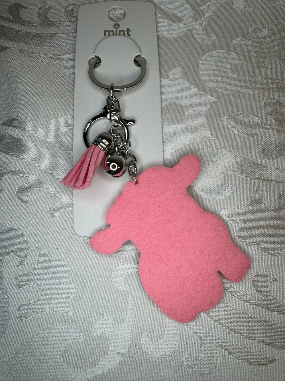 New Mint Pink Crystal Cow Flat Keychain with Tassel